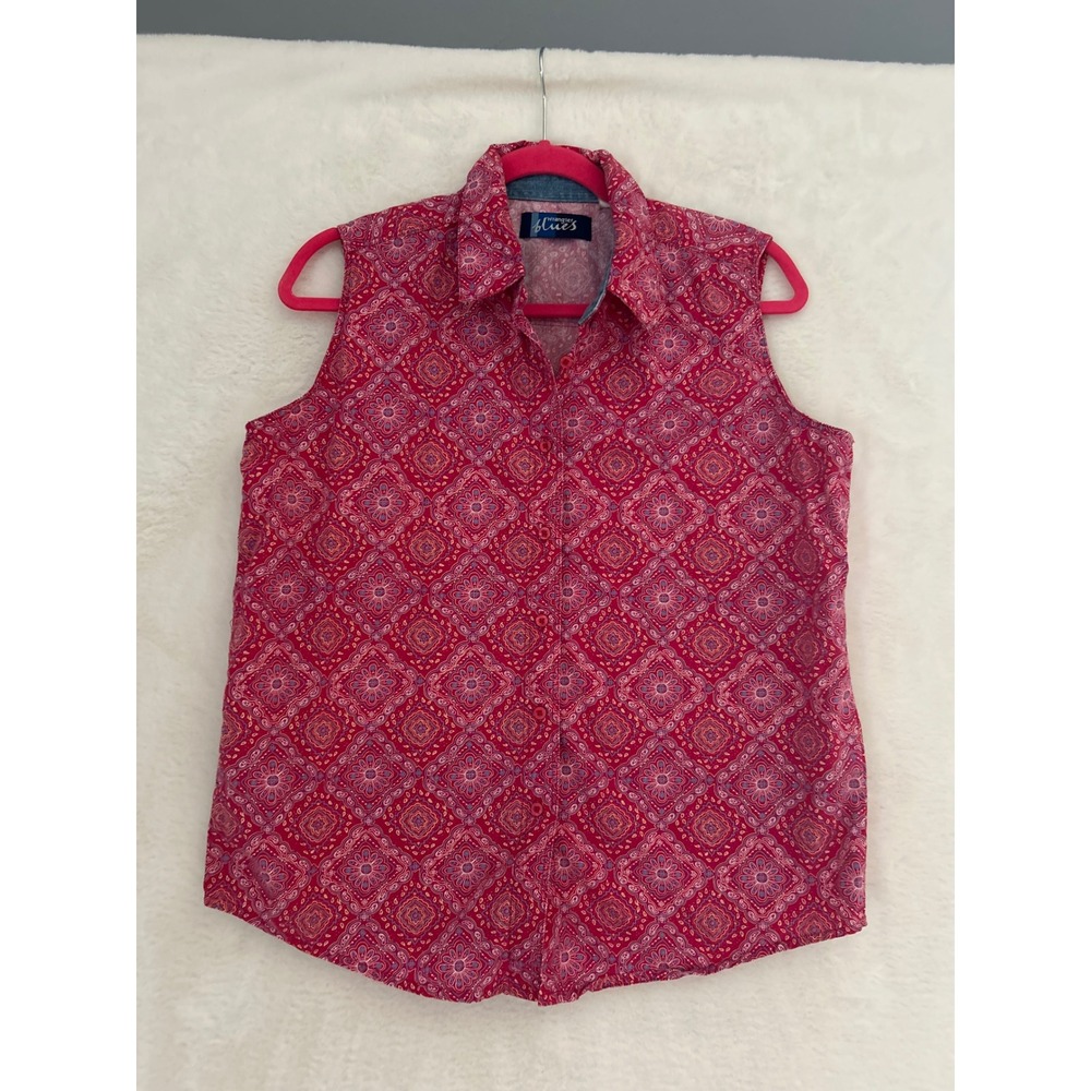 Wrangler Blues Pink Purple Geometric Paisley Sleeveless Button Down Shirt Small
